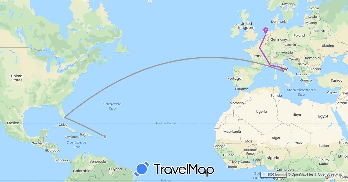 TravelMap itinerary: driving, plane, train in Anguilla, France, Italy, Netherlands, United States (Europe, North America)